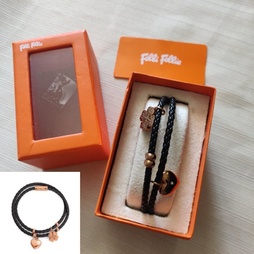 Folli Follie Rose Gold Plated Heart4Heart Sweetheart Black Bracelet